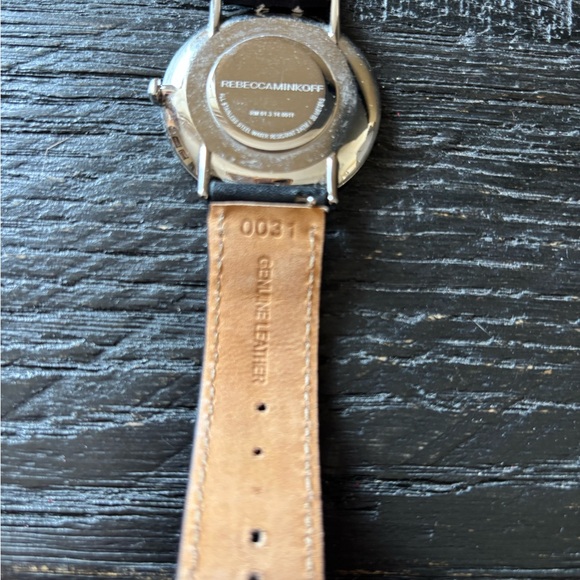 Rebecca Minkoff Silver Dial Watch with Black and Red Embroidered Strap